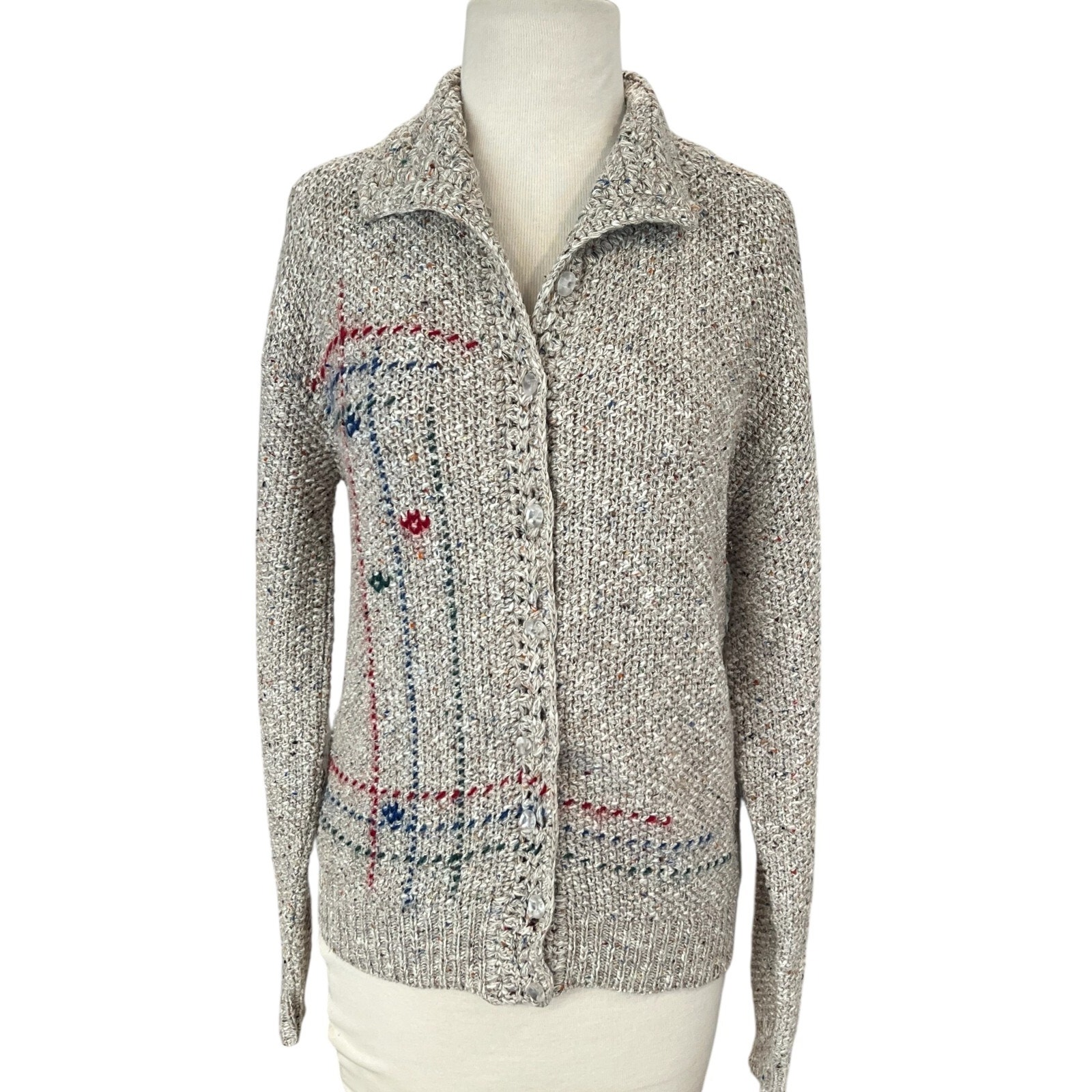The Lily Gilder Button Up Collared Cardigan Sweater Oatmeal With Accent Colors